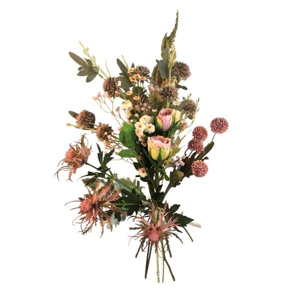 Artificial Wildflower Bouquet Roses, Thistles & Wild Blooms in Pink & Peach, Fau - Picture 1 of 15